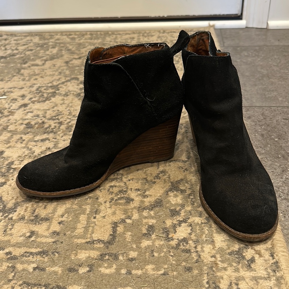 Lucky Brand black suede wedge booties